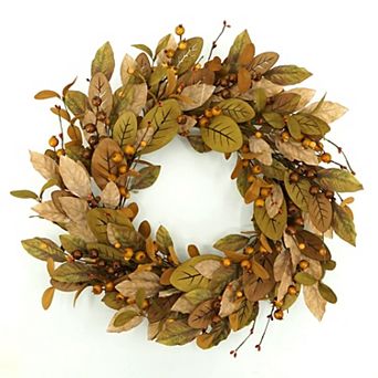 20'' Spring Summer Wreath with Brown Magnolia Leaves & Small Pomegranate Fruits for Home Decor
