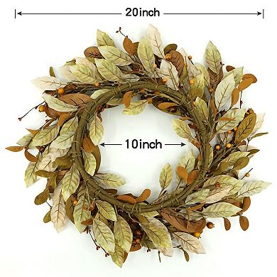 20'' Spring Summer Wreath with Brown Magnolia Leaves & Small Pomegranate Fruits for Home Decor
