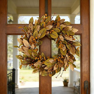 20'' Spring Summer Wreath with Brown Magnolia Leaves & Small Pomegranate Fruits for Home Decor