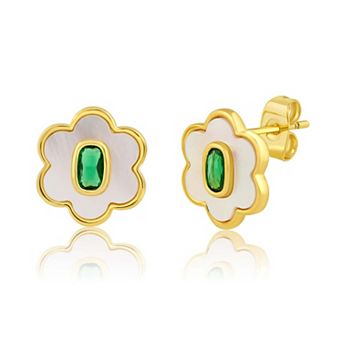 Sienna Vale Mother-of-Pearl & Green Cubic Zirconia Flower Stud Earrings