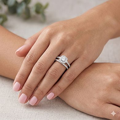 Sienna Vale Silver Tone Round Halo Solitaire Bridal Ring Set