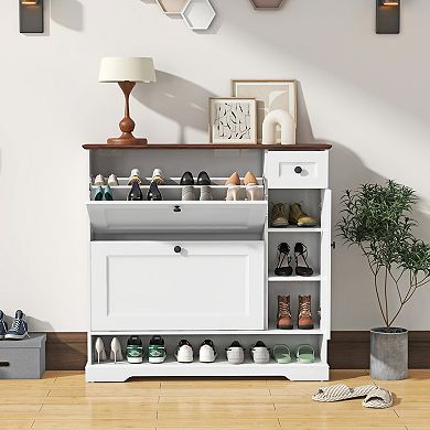SUNSITT Shoe Cabinet with 2 Flip Drawers & Side Cabinet, Shoe Storage Organizer for Hallway