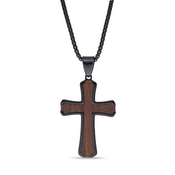 Men's LYNX Stainless Steel Wood Inlay Dark Cross Pendant Necklace
