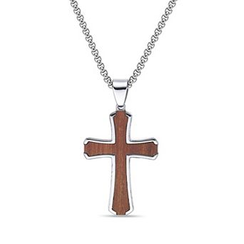Men's LYNX Stainless Steel Wood Inlay Cross Pendant Necklace