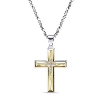 Men's LYNX Stainless Steel Lab-Created White Sapphire Cross Pendant Necklace