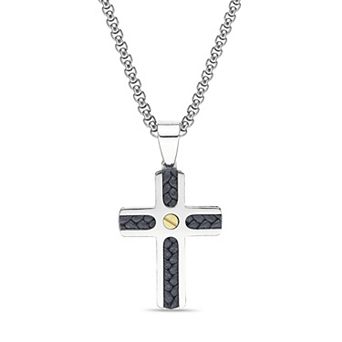 Men's LYNX Stainless Steel Black Leather Screw Cross Pendant Necklace