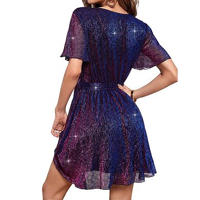 Glitter Metallic V-Neck Mini Dress with Flutter Sleeves, Tie Waist & Flared Hem