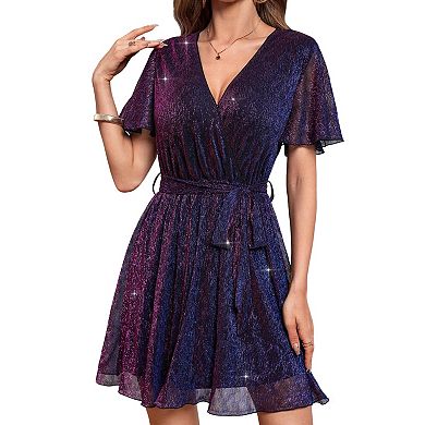 Glitter Metallic V-Neck Mini Dress with Flutter Sleeves, Tie Waist & Flared Hem