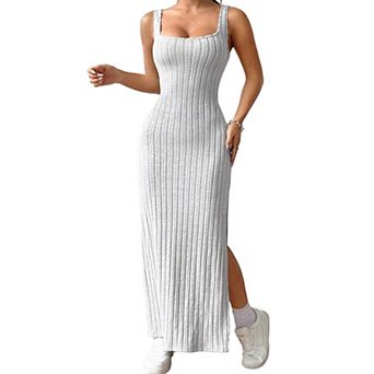 Ribbed Knit Bodycon Maxi Dress with Square Neck, Twisted Back Cutout & Side Slit