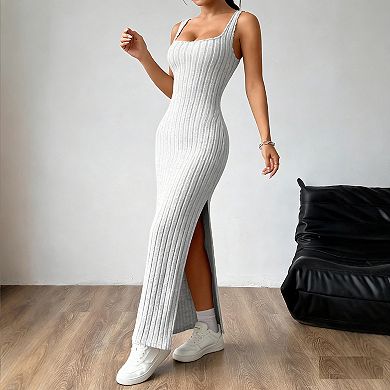 Ribbed Knit Bodycon Maxi Dress with Square Neck, Twisted Back Cutout & Side Slit