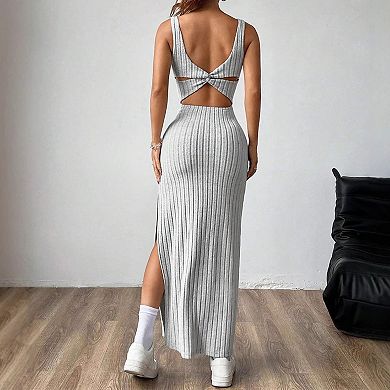 Ribbed Knit Bodycon Maxi Dress with Square Neck, Twisted Back Cutout & Side Slit