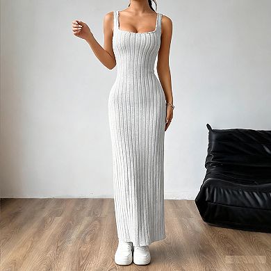 Ribbed Knit Bodycon Maxi Dress with Square Neck, Twisted Back Cutout & Side Slit