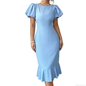 Puff Sleeve Midi Dress with Round Neck, Bodycon Fit & Ruffled Mermaid Hem