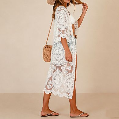 Boho Floral Lace Maxi Kimono Cover Up with Sheer Mesh & Scalloped Edges