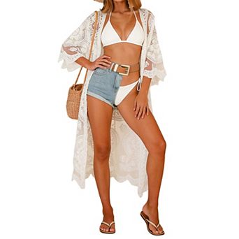 Boho Floral Lace Maxi Kimono Cover Up with Sheer Mesh & Scalloped Edges