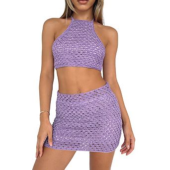 Women's Two Piece Crochet Cover Up Set Halter Neck Crop Top and Back Tie Mini Skirt