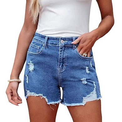 Women's Denim Shorts Frayed Edge Hem Distressed Patch Details High Waist Shorts