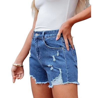 Women's Denim Shorts Frayed Edge Hem Distressed Patch Details High Waist Shorts