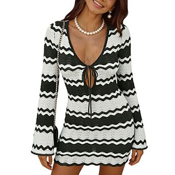 Chevron Stripe Knit Mini Dress with Deep V-Neck, Tie Front & Bell Sleeves