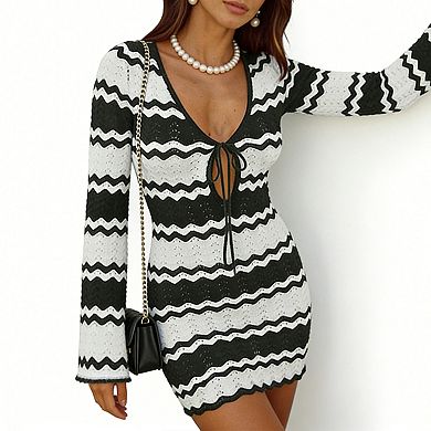 Chevron Stripe Knit Mini Dress with Deep V-Neck, Tie Front & Bell Sleeves