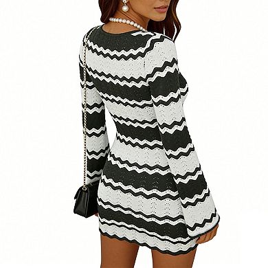 Chevron Stripe Knit Mini Dress with Deep V-Neck, Tie Front & Bell Sleeves