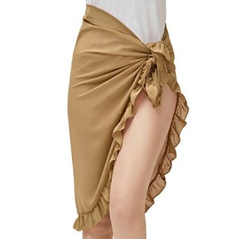 Ruffled Wrap Sarong Skirt Cover Up with Tie Knot & Asymmetrical Hem