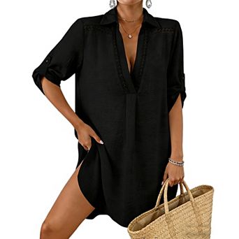 Lace Trim Shirt Dress Cover Up with Roll Up Sleeves & Curved Hem