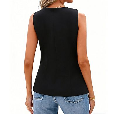 Women's Sleeveless Fitted Vest Top Round Neckline Asymmetric Hem Button Tops