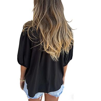 Women's Short Sleeve Smocked Top Collared Neckline Button Front Flowy Curved Back Hem Blouse
