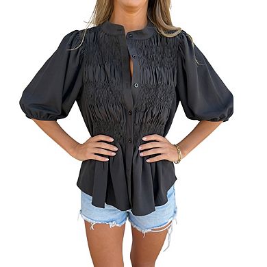 Women's Short Sleeve Smocked Top Collared Neckline Button Front Flowy Curved Back Hem Blouse