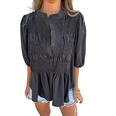 Women's Short Sleeve Smocked Top Collared Neckline Button Front Flowy Curved Back Hem Blouse