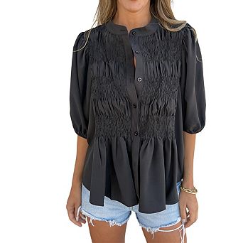 Women's Short Sleeve Smocked Top Collared Neckline Button Front Flowy Curved Back Hem Blouse