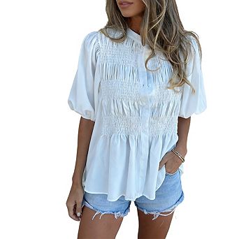 Women's Short Sleeve Smocked Top Collared Neckline Button Front Flowy Curved Back Hem Blouse