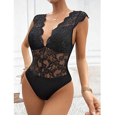 Women's Cap Sleeve Deep V Neckline Scalloped Sheer Floral Lace Bodysuit