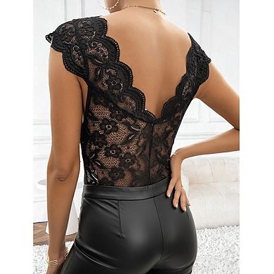 Women's Cap Sleeve Deep V Neckline Scalloped Sheer Floral Lace Bodysuit