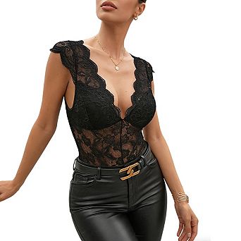Women's Cap Sleeve Deep V Neckline Scalloped Sheer Floral Lace Bodysuit