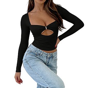 Women's Long Sleeve Sweetheart Neck Crop Top Front Cutout Fitting Blouse