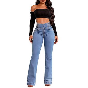 Women's High Rise Wide Leg Denim Pants Smocked Waist Button Fly Closure Slim Fit Jeans