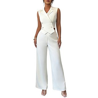 Women's Cropped Vest Wide Leg Trousers Set Notched Lapel Elastic Back Waist Flowy Full Length Pants