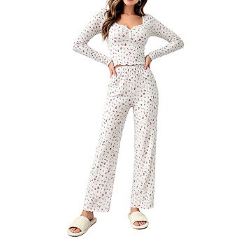Womens Floral Print Long Sleeve Pajama Set Casual Tops And Elastic Waist Pants