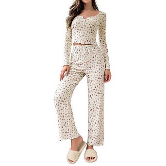 Womens Floral Print Long Sleeve Pajama Set Casual Tops And Elastic Waist Pants
