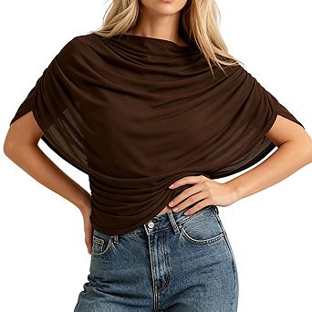 Womens Draped Cowl Neck Cape Sleeve Top Ruched Side Slim Fit Blouse Casual Wear