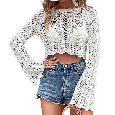 Women's Open Knit Cropped Top Bell Sleeves Scalloped Hem Round Neckline Blouse