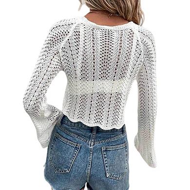 Women's Open Knit Cropped Top Bell Sleeves Scalloped Hem Round Neckline Blouse