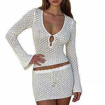 Women's Open Knit Swim Cover Up Set Long Sleeve Lace Up Back Top Scalloped Hem Mini Skirt