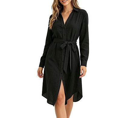 Womens Long Sleeve Shirt Dress Cover Up Belted Button Front Beach Cover Up