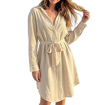 Womens Long Sleeve Shirt Dress Cover Up Belted Button Front Beach Cover Up