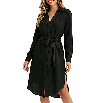 Womens Long Sleeve Shirt Dress Cover Up Belted Button Front Beach Cover Up