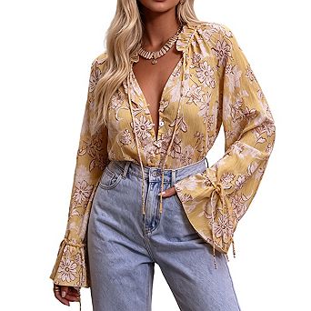 Womens Floral Print V Neck Long Sleeve Blouse Ruffle Tie Neck Casual Flowy Top