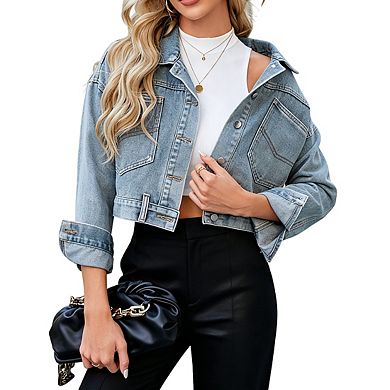 Womens Long Sleeve Cropped Denim Jacket Button Front Casual Jean Coat With Pockets